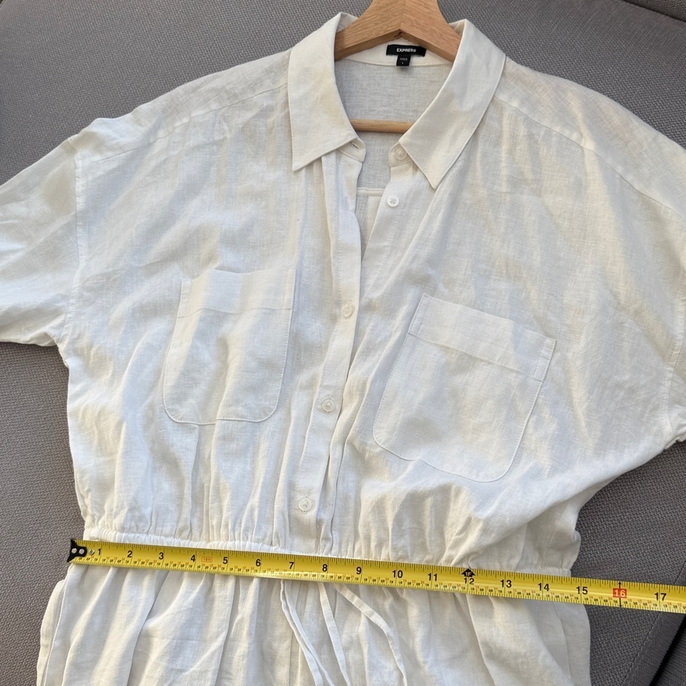 Express Linen Blend White Short Jumpsuit with Drawstring Waist Size L - Picture 7 of 9